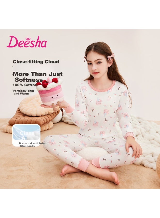 Deesha 7a Antibacterial 40s Tight-spun Girls' Pure Cotton Crew Neck Thermal Underwear Set For Older Children