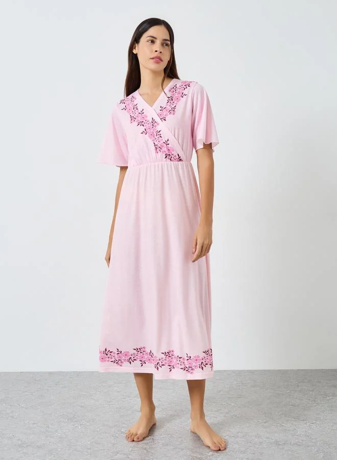 Styli Styli Pink Floral Print Wrap Nightdress