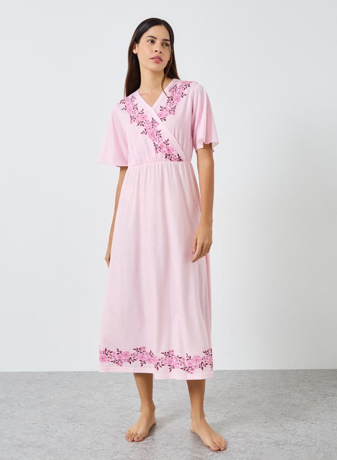 Styli Pink Floral Print Wrap Nightdress - Image 1