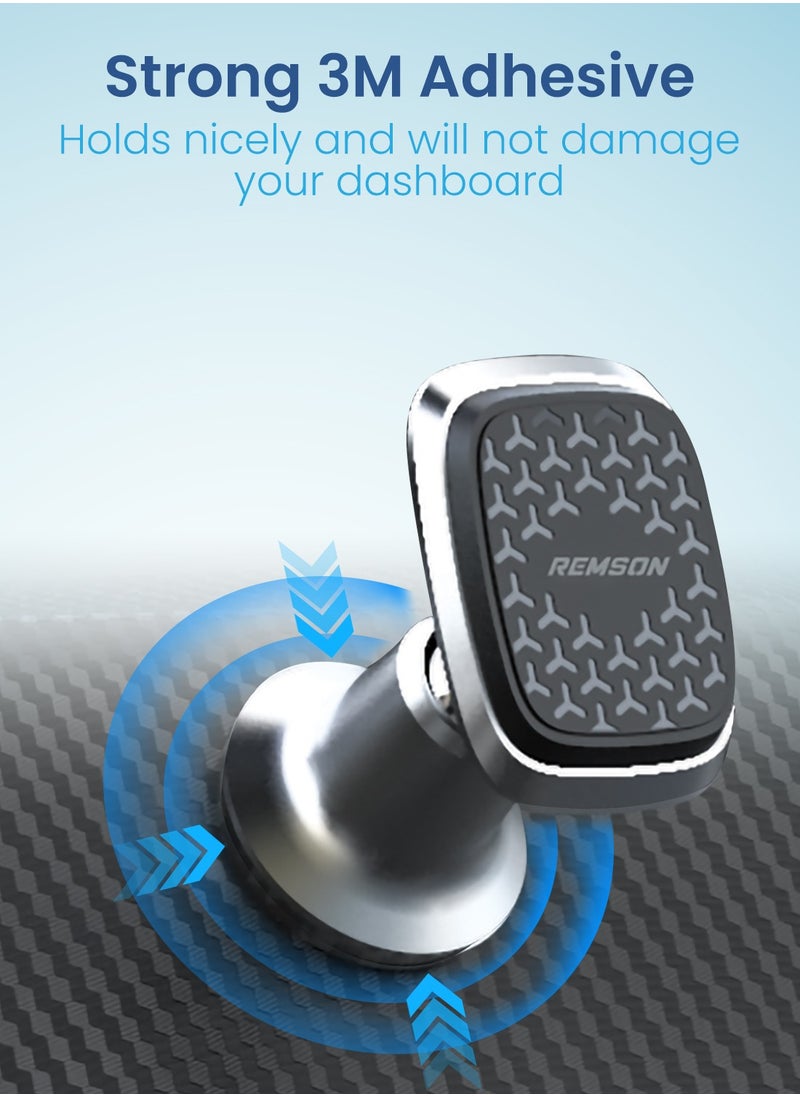 Remson - Remson Magnetic Car Phone Holder Universal Stick On 360 Rotation  For Dashboard Compatible with iPhone 13 12 11 Pro Max XR XS X 8 7, Samsung Galaxy & More – Silver - Image 1