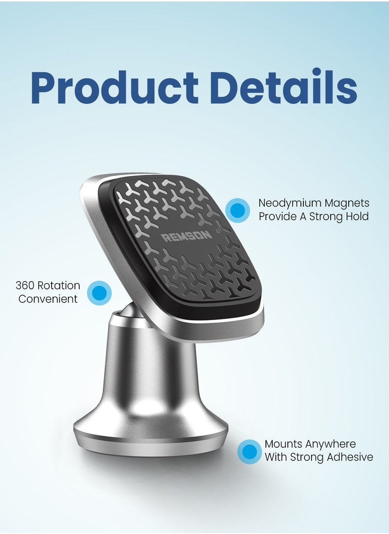Remson - Remson Magnetic Car Phone Holder Universal Stick On 360 Rotation  For Dashboard Compatible with iPhone 13 12 11 Pro Max XR XS X 8 7, Samsung Galaxy & More – Silver - Image 1