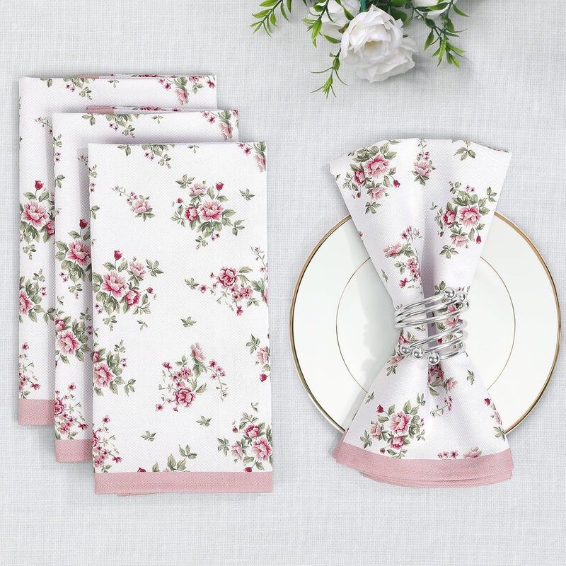 Arquiel Pink Floral Rose Print Cloth Napkins 100 Cotton 18 X 18 Dinner Napkins Cloth Set Washable Napkins for Home Kitchen Dinner Party Wedding Cocktail Set of 6 - Image 5