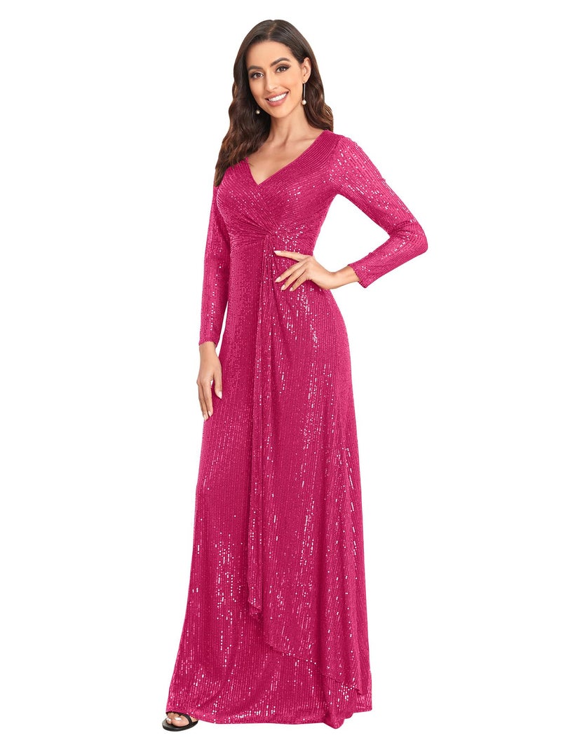 XUIBOL Glitter Sequin Formal Evening Gown Long Sleeve V Neck Wedding Guest Dress for Women Fuchsia XL - Image 1