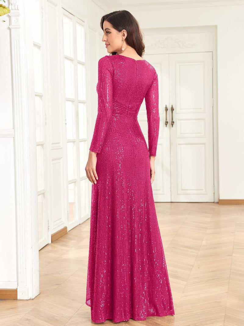XUIBOL Glitter Sequin Formal Evening Gown Long Sleeve V Neck Wedding Guest Dress for Women Fuchsia XL - Image 2