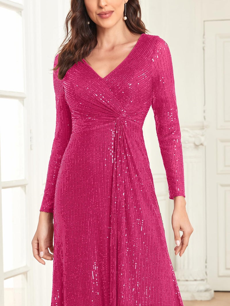 XUIBOL Glitter Sequin Formal Evening Gown Long Sleeve V Neck Wedding Guest Dress for Women Fuchsia XL - Image 4