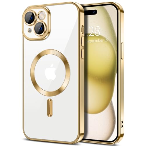 Hython Magnetic Clear for iPhone 15 Case with Camera Lens Protector [Compatible with MagSafe] Luxury Plating Edge Slim Soft TPU Cover Protective Phone Case for iPhone 15 6.1", Gold - Image 1