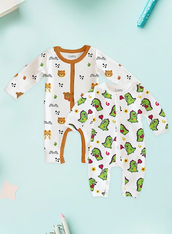 لؤي رومبر بكم كامل 100% قطن، بدلة نوم للبنات والأولاد _(عبوة من 2) من 18 إلى 24 شهر