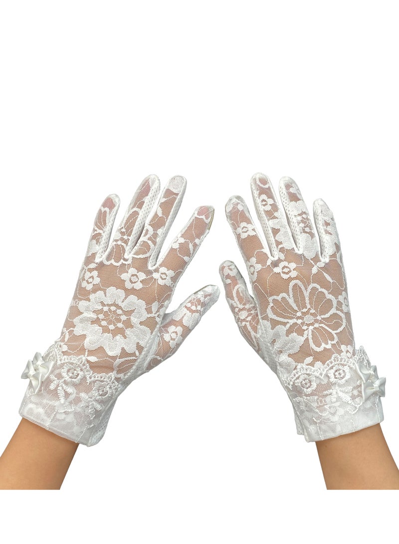 Women Lace Floral Gloves Non-slip Elegant Short Bow Lace Gloves for Wedding Parties Driving Cycling(white)  - Image 1