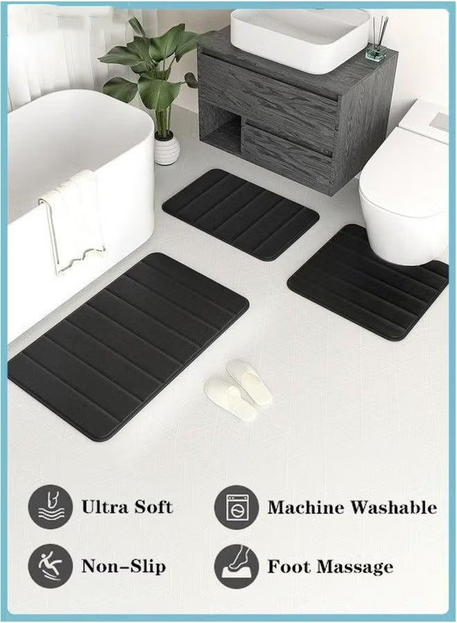 Coral Fleece Bath Mat Set, Bathroom Rugs 3 Pieces, Toilet Mats, Soft Comfortable, Water Absorption, Non-Slip, Thick, Machine Washable, Easier to Dry for Floor Black