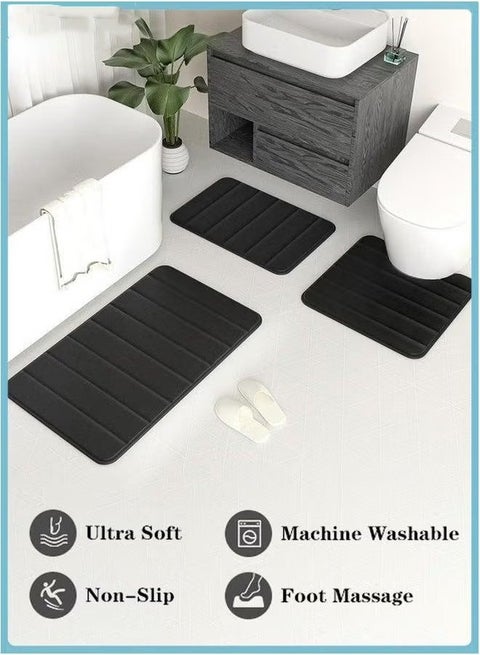 Coral Fleece Bath Mat Set, Bathroom Rugs 3 Pieces, Toilet Mats, Soft Comfortable, Water Absorption, Non-Slip, Thick, Machine Washable, Easier to Dry for Floor Black