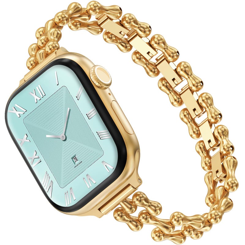 NewWays Compatible for Apple Watch Band 46mm Series 11 10 9 8 7 45mm 44mm SE Series 6 5 4 3 42mm(Series3), Slim Designer Stainless Steel Chain Link Bracelet Women Dressy for iWatch Band, Gold - Image 1