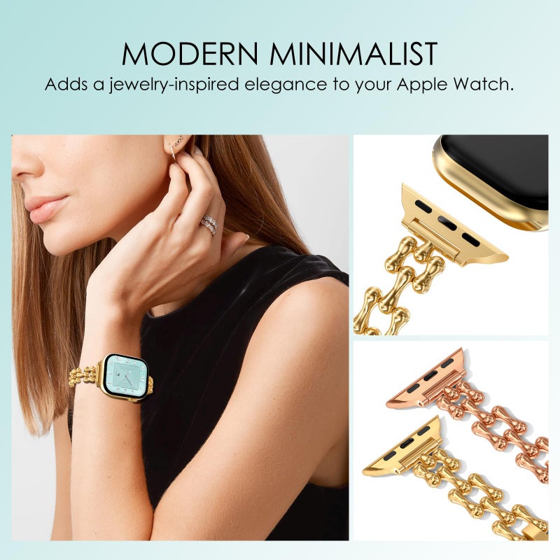 NewWays Compatible for Apple Watch Band 46mm Series 11 10 9 8 7 45mm 44mm SE Series 6 5 4 3 42mm(Series3), Slim Designer Stainless Steel Chain Link Bracelet Women Dressy for iWatch Band, Gold - Image 4