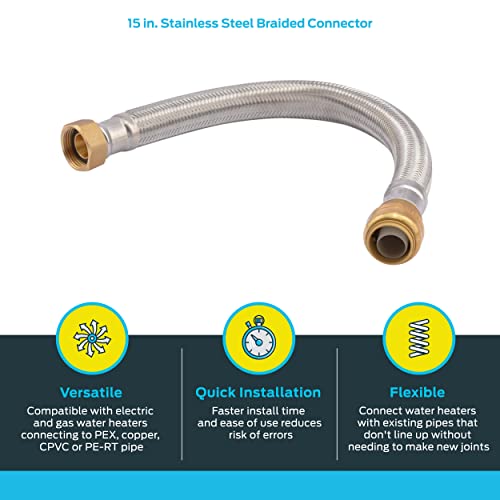 SharkBite 15 Inch Braided Flexible Water Heater Connector, 3/4 in Push-to-Connect x 3/4 in FIP, Stainless Steel, U3088FLEX15LF - Image 3