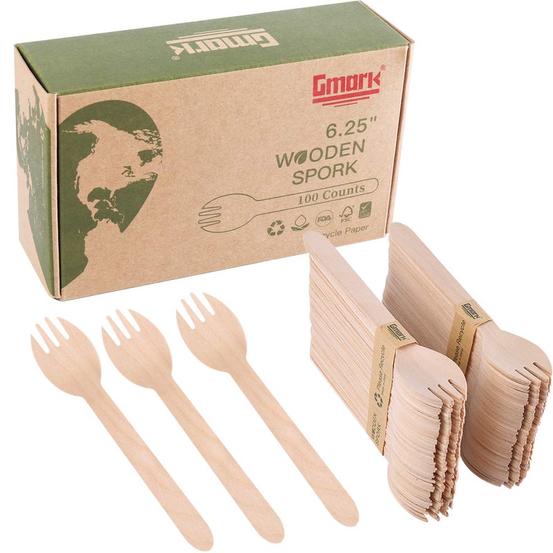Gmark Ecofriendly Wooden Sporks 100 ct Disposable Spoon Fork 2in1 Cutlery 625 Birchwood Green Natural Product GM1033A