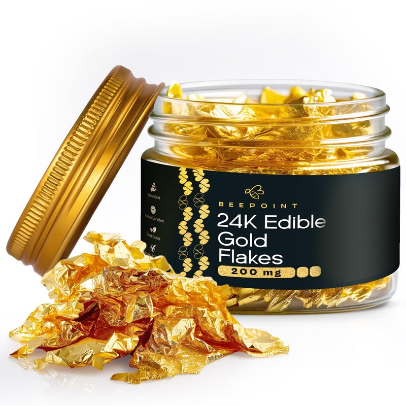 BeePoint 24K Gold Leaf Flakes  200mg Edible Gold Flakes for Cupcakes Chocolates Drinks and Baking Genuine Gold Flakes for Cakes Edible Gold foil Sheets Edible Leaves for Sweets
