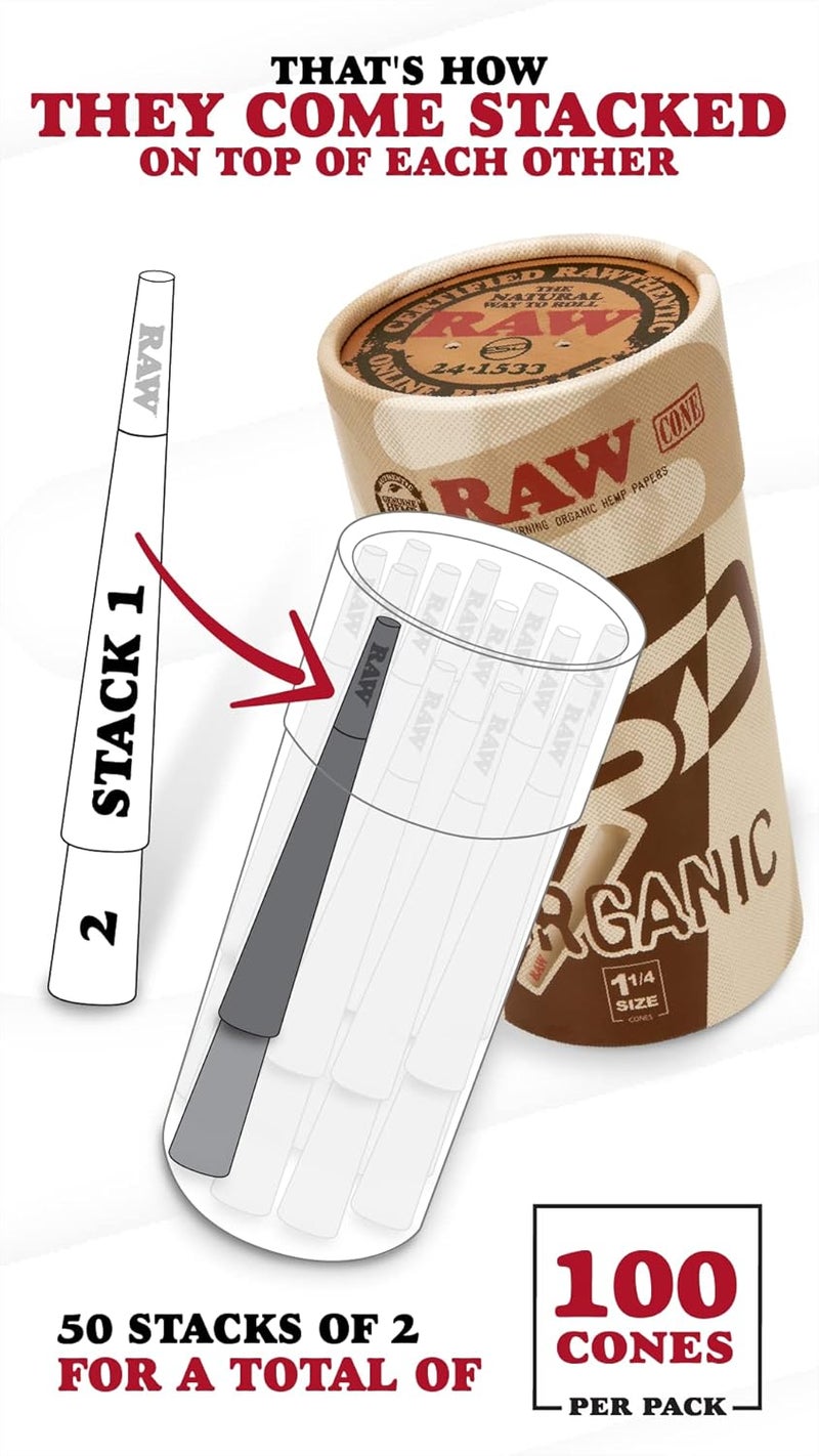 Raw Cones Organic 1-1/4 Size | 100 Pack | Pre Rolled Rolling Paper with Tips & Packing Tubes Included - Image 2