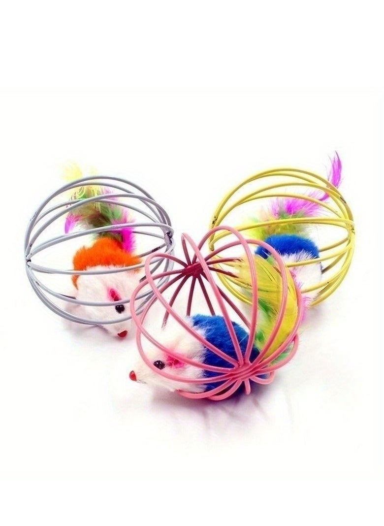 Generic - 3pcs Random Color Caged Rats Rolling Wire Cage Plush Mouse Ball Funny Cat Toy Catches The - Hide Balls Interactive Toy, Mice and Animal Toys - Image 1