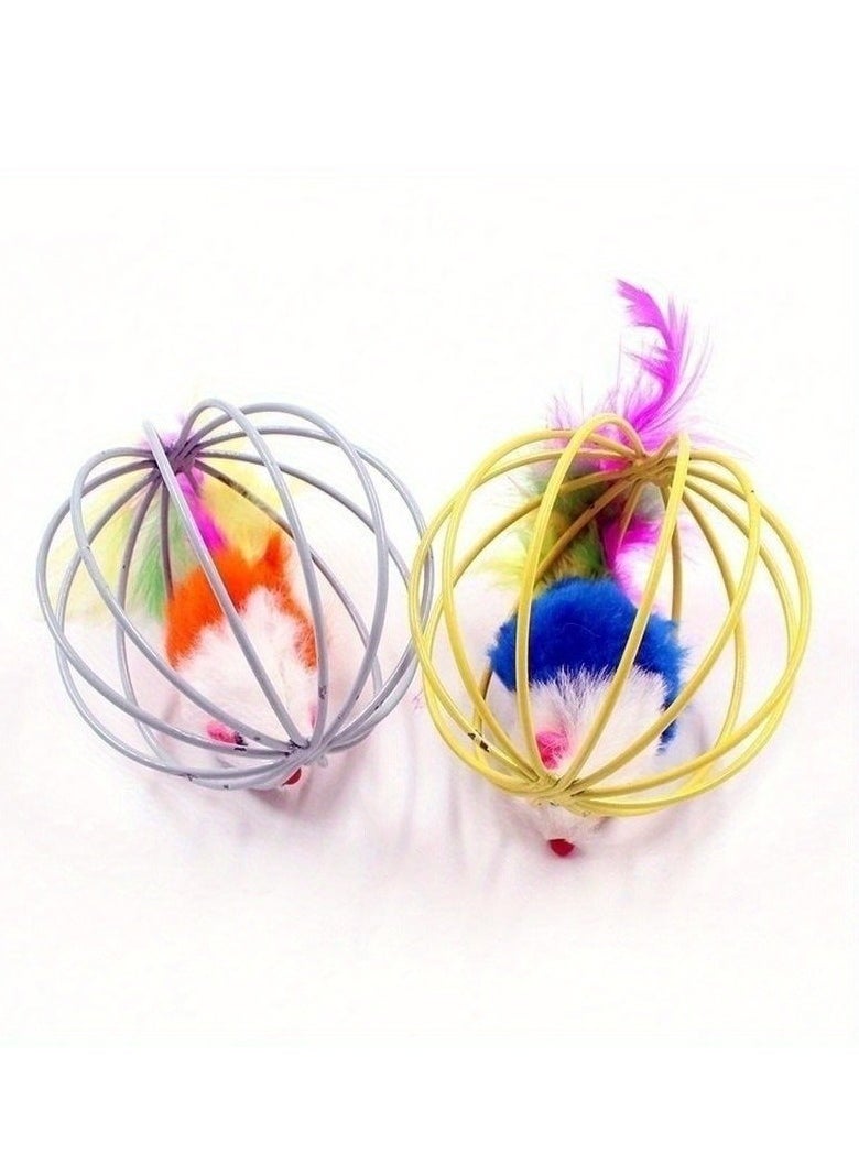 Generic - 3pcs Random Color Caged Rats Rolling Wire Cage Plush Mouse Ball Funny Cat Toy Catches The - Hide Balls Interactive Toy, Mice and Animal Toys - Image 1