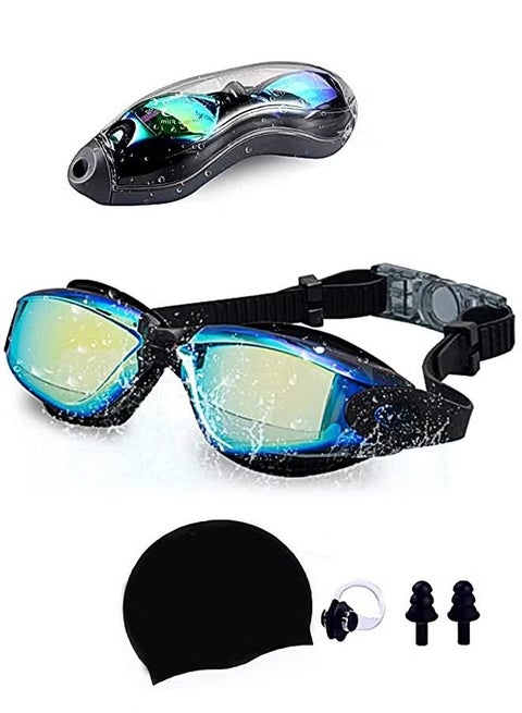 5-in-1 Anti-Fog Swimming Goggles - Goggle Set with Swimming Cap, Earplugs, Nose Clip, Leak-Proof Goggles - Waterproof Swimming Goggles that Can Effectively Block Ultraviolet Rays - Suitable for Men
