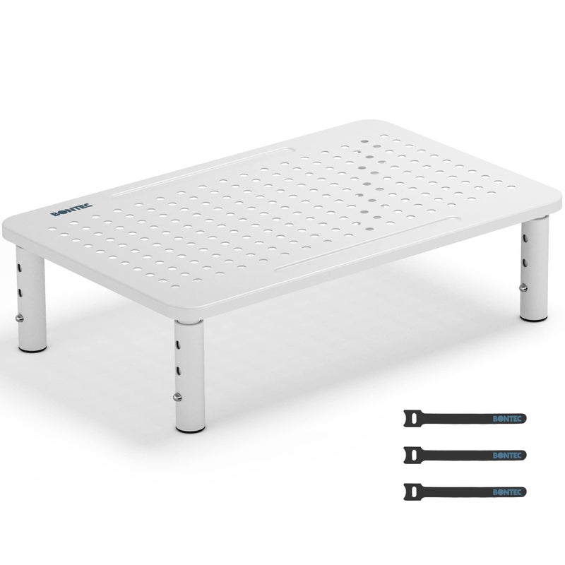 BONTEC Monitor Stand Riser, 3 Height Adjustable Monitor Stand for Desk, Computer Monitor Riser Stand with Mesh Platform for Laptop, Computer, iMac, PC up to 20KG, Cable Ties Included (White) - Image 1