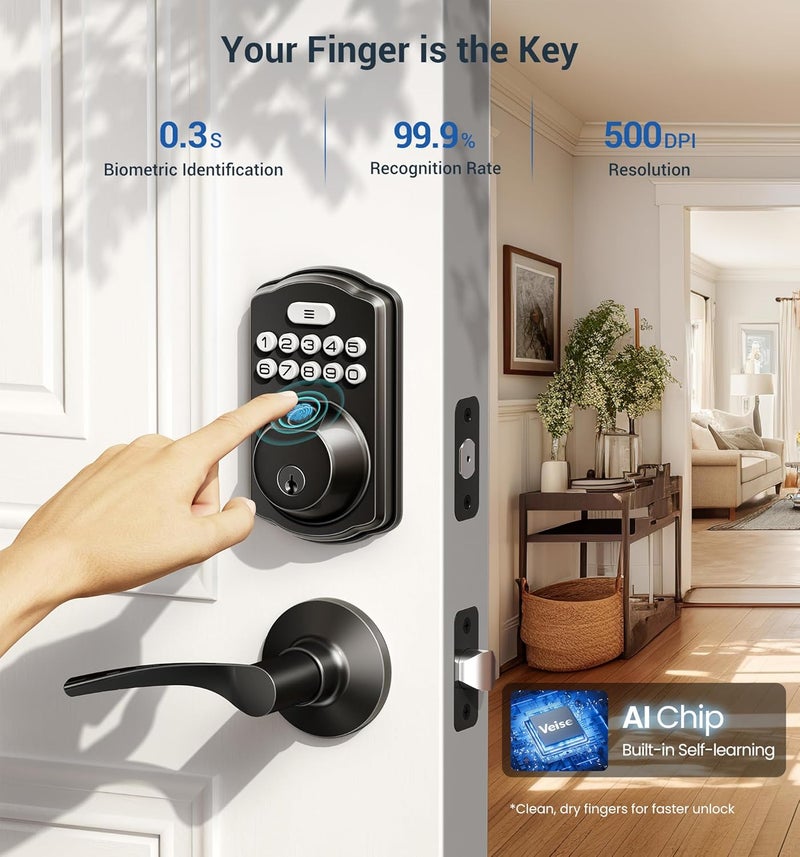 Veise Fingerprint Door Lock with 2 Lever Handles - Keyless Entry Door Lock, Electronic Keypad Deadbolt, Digital Smart Code & Front Handle Sets, Auto-Locking, Easy Installation, Matte Black - Image 2