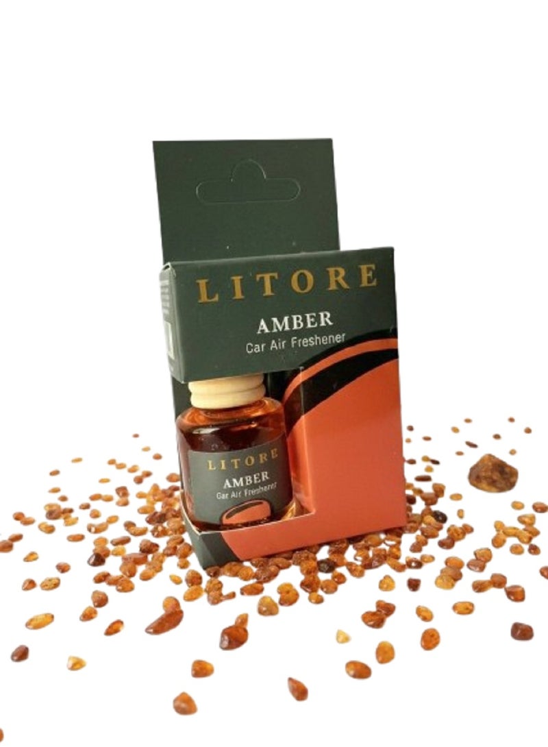 Litore Car Air Freshener 8 ml | Long-Lasting Hanging Diffuser with Essential Oils | Car Perfume for Odor Removal | Elegant Glass Bottle & Wooden Cap Design (Amber) - Image 1