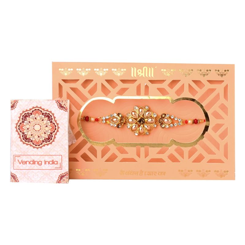Vending India Premium Rakhi in A Laser Cut Designer Card | Rakhi Gift Bundle with Roli, Chawal, Chandan & Mishri for Brother/Sister(sh-1110), 50 Grams - Image 2