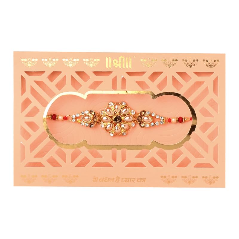 Vending India Premium Rakhi in A Laser Cut Designer Card | Rakhi Gift Bundle with Roli, Chawal, Chandan & Mishri for Brother/Sister(sh-1110), 50 Grams - Image 1