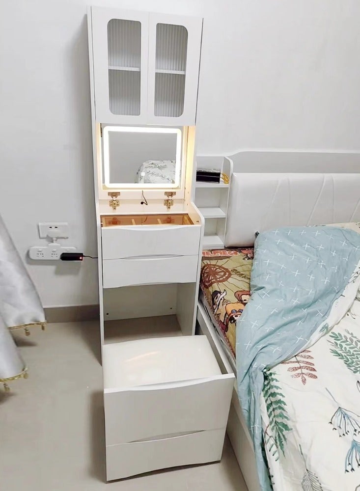 فاشون هوم طاولة تزيين بتصميم عصري فاخر مع مرآة علوية قابلة للطي وأضواء LED قابلة للتعديل سطوع طاولة تزيين بيضاء مع مساحة تخزين واسعة ومقعد مبطن لأثاث غرفة النوم 47.6 × 39.8 × 160 سم - Image 5