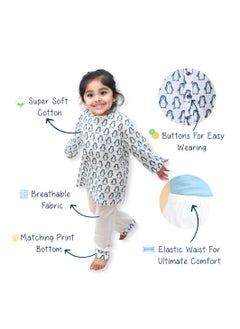 Polka Tots Polka Tots Full Sleeves Night Wear Penguin Kurta Pyjama - Blue  - Image 5