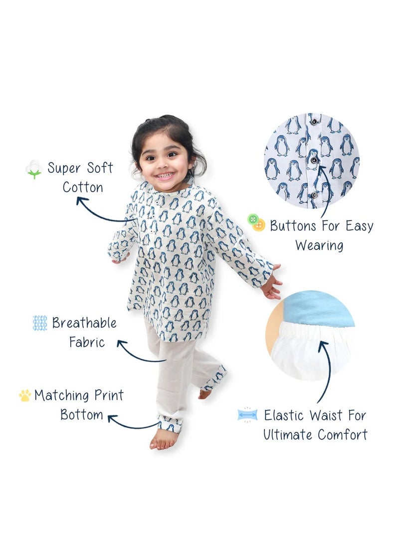 Polka Tots Polka Tots Full Sleeves Night Wear Penguin Kurta Pyjama - Blue  - Image 5