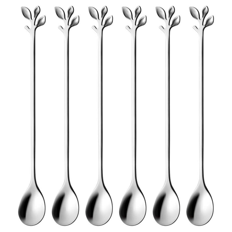AnSaw 6Piece Elegant Silver Leaf Long Handle Teaspoons  74 Stainless Steel Stir Spoons for Coffee  Tea Perfect for Mixing  Stirring
