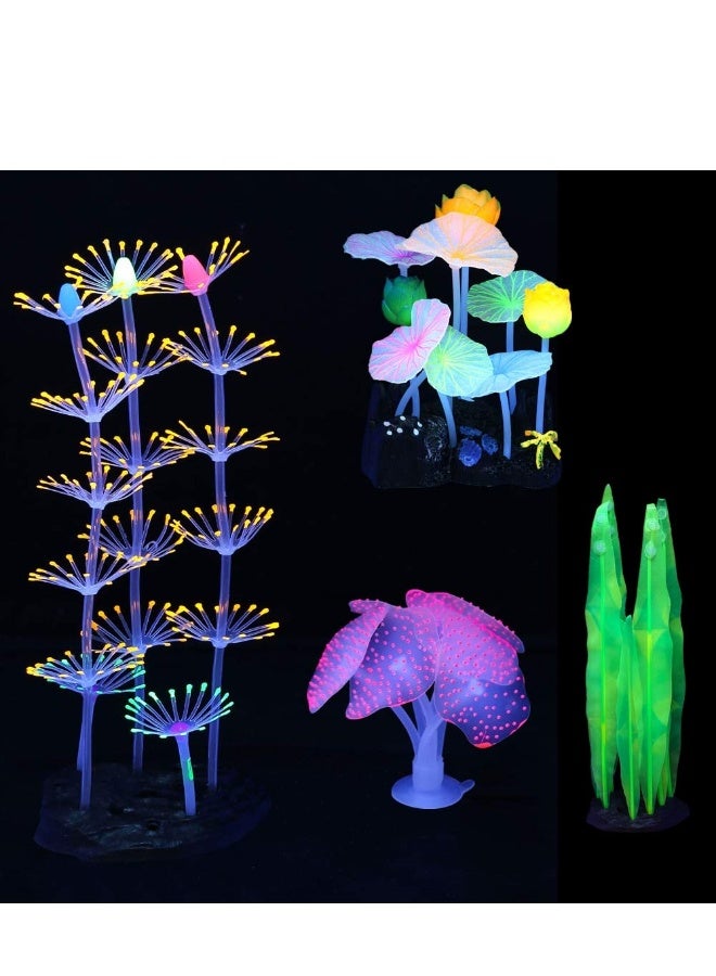 4 Pcs Glow Aquarium Decorations, Silicone Coral Lotus Leaf Anemone Seaweed Simulation Plant Glowing Effect for Fish Tank Decorations  - Image 2