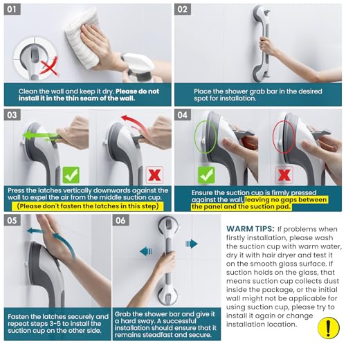 TAILI Shower Grab Bar 16 Inch Suction Cup Grab Bars for Bathroom, Removable Shower Safety Handle Heavy Duty Bathtub Grip for Seniors & Elderly, Strong Handrails No Drilling Waterproof, Grey - Image 2