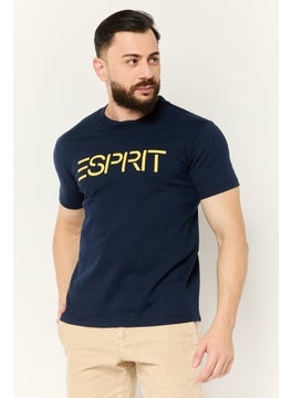 Men Crew Neck Short Sleeves Brand Logo T-Shirt, Navy
