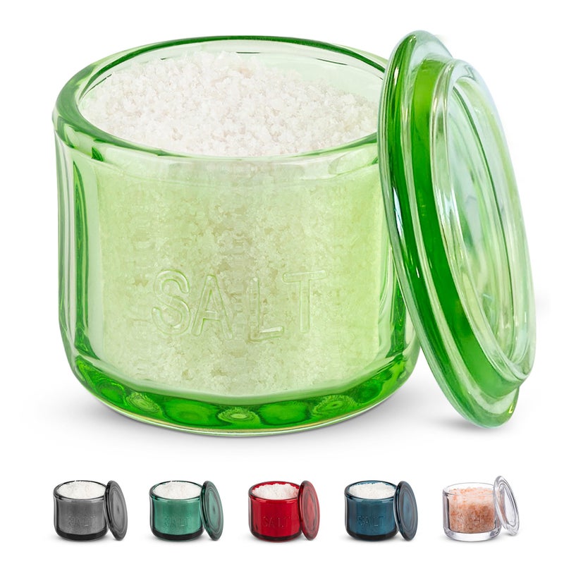 KooK Glass Salt Cellar with Lid Embossed Pressed Glass Clear Storage Container for Coffee Sugar Spices and Candies 10 oz Lime Green