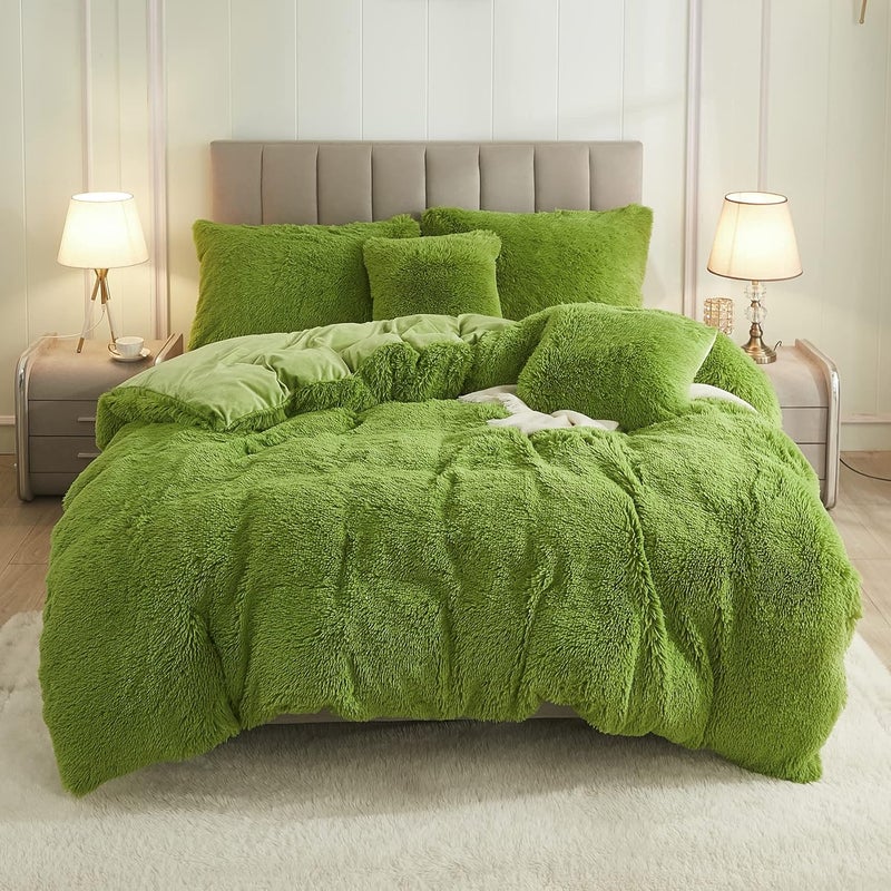 Uhamho Faux Fur Velvet Fluffy Bedding Duvet Cover Set Down Comforter Quilt Cover with Pillow Shams, Ultra Soft Warm (Apple Green, King) - Image 1