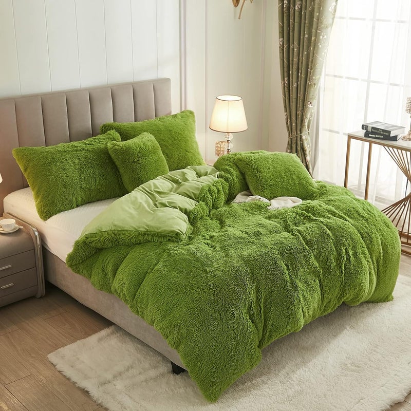 Uhamho Faux Fur Velvet Fluffy Bedding Duvet Cover Set Down Comforter Quilt Cover with Pillow Shams, Ultra Soft Warm (Apple Green, King) - Image 2
