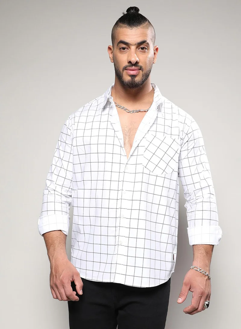 Instafab Plus Instafab Plus Men's Chalk White Graph Check Shirt For Casual Wear | Spread Collar | Long Sleeve | Button Closure | Shirt Crafted With Comfort Fit For Everyday Wear