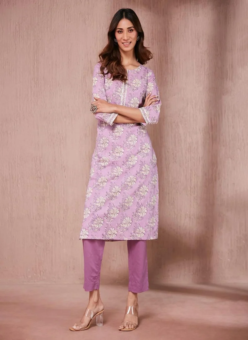 Fabindia Purple Cotton Hand Block Printed Long Kurta