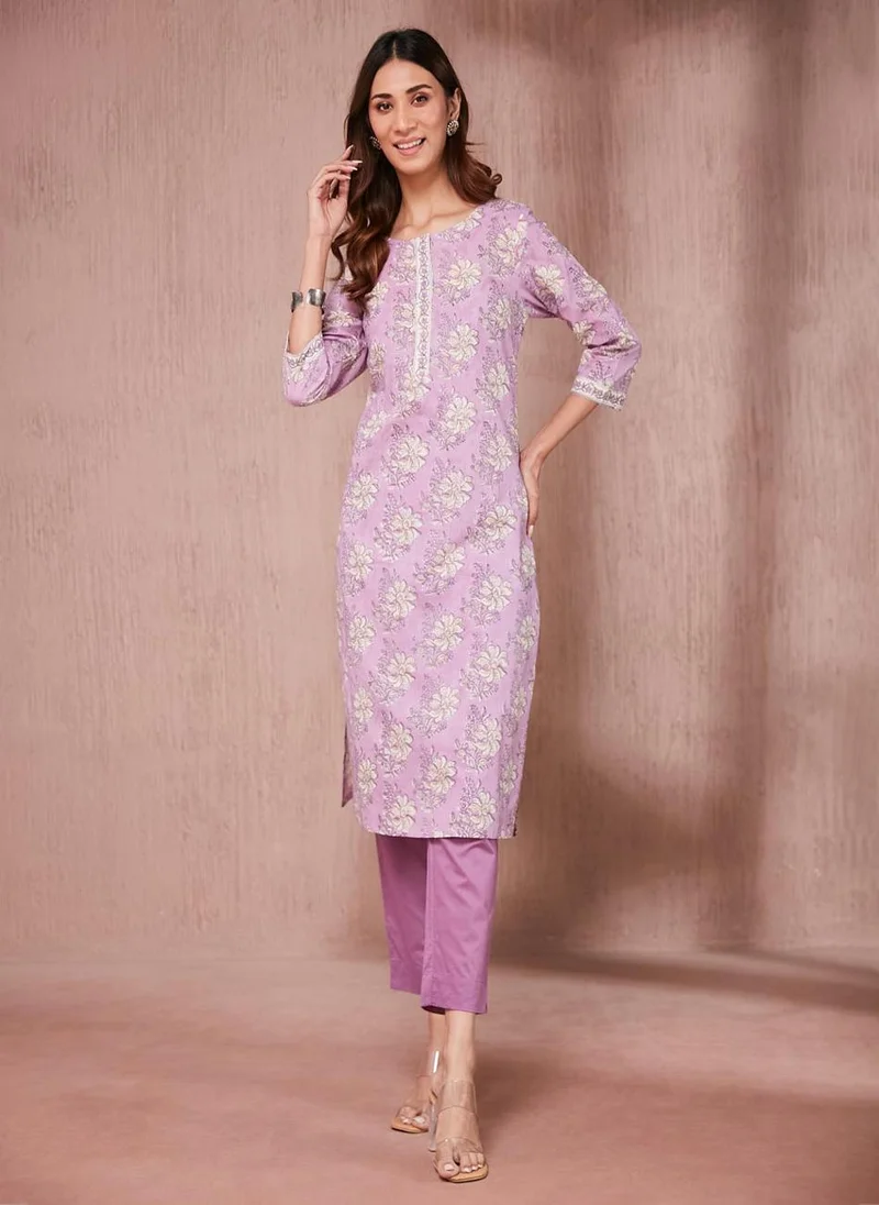 Fabindia Purple Cotton Hand Block Printed Long Kurta