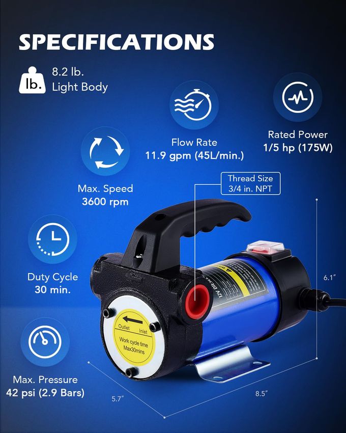Orion Motor Tech Diesel Transfer Pump, 12 Volt Fuel Transfer Pump with Nozzle Hoses for Transferring Diesel, Kerosene, Machine, Transformer Oil, Self Priming DC Electric Fuel Pump Kit - Image 2