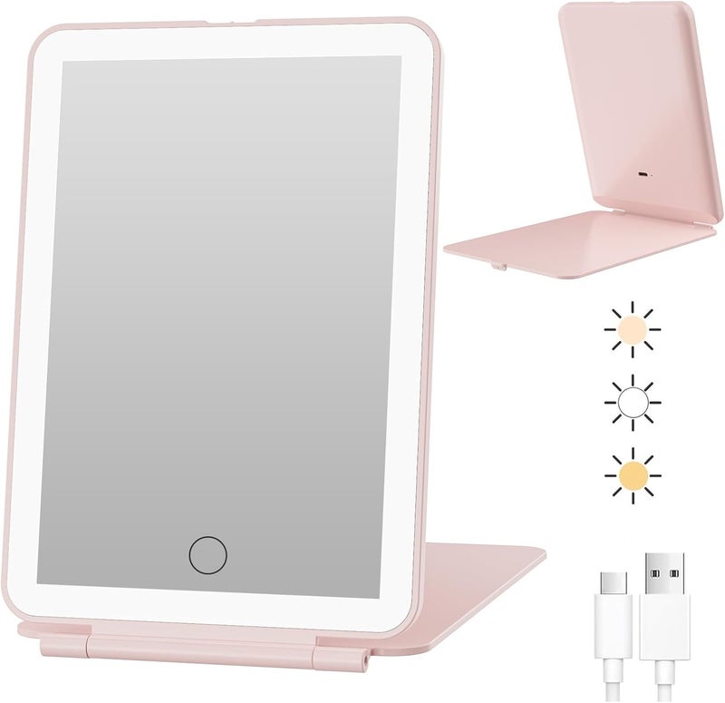 FUNTOUCH Rechargeable Travel Makeup Mirror with 72 Led Lights, Portable Lighted Makeup Mirror, 3 Color Lighting, Dimmable Touch Screen, Type C, Tabletop LED Folding Cosmetic Vanity Mirror (Pink) - Image 1