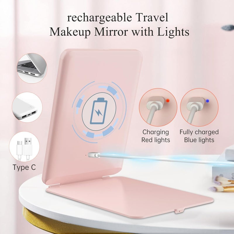 FUNTOUCH Rechargeable Travel Makeup Mirror with 72 Led Lights, Portable Lighted Makeup Mirror, 3 Color Lighting, Dimmable Touch Screen, Type C, Tabletop LED Folding Cosmetic Vanity Mirror (Pink) - Image 2