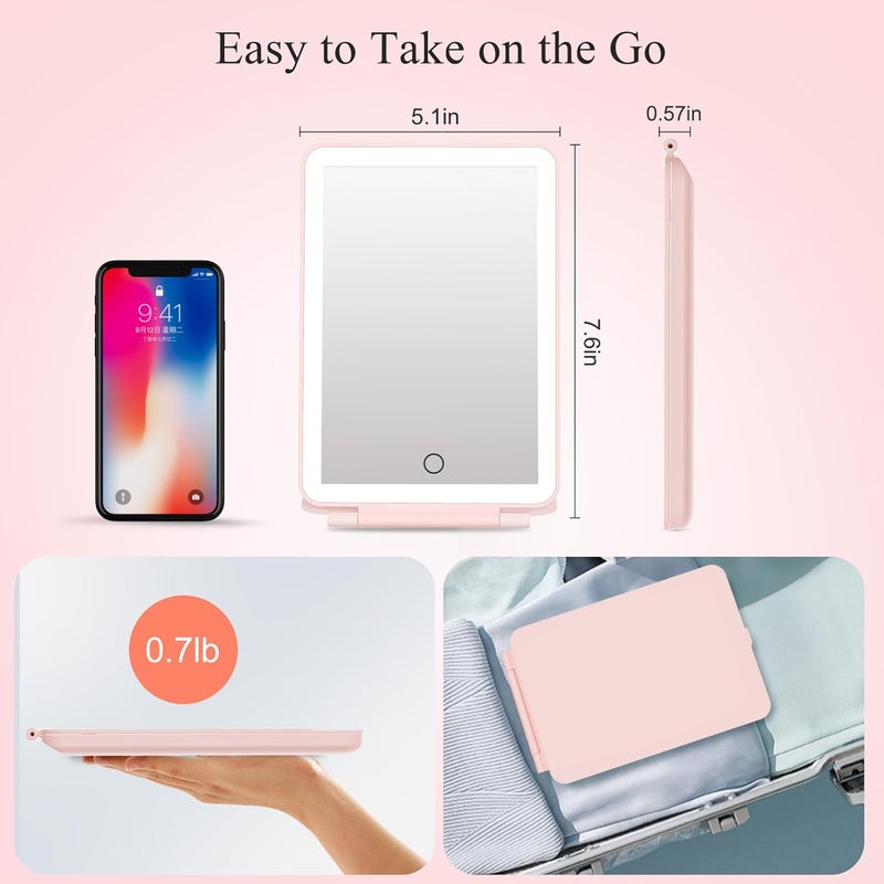 FUNTOUCH Rechargeable Travel Makeup Mirror with 72 Led Lights, Portable Lighted Makeup Mirror, 3 Color Lighting, Dimmable Touch Screen, Type C, Tabletop LED Folding Cosmetic Vanity Mirror (Pink) - Image 3