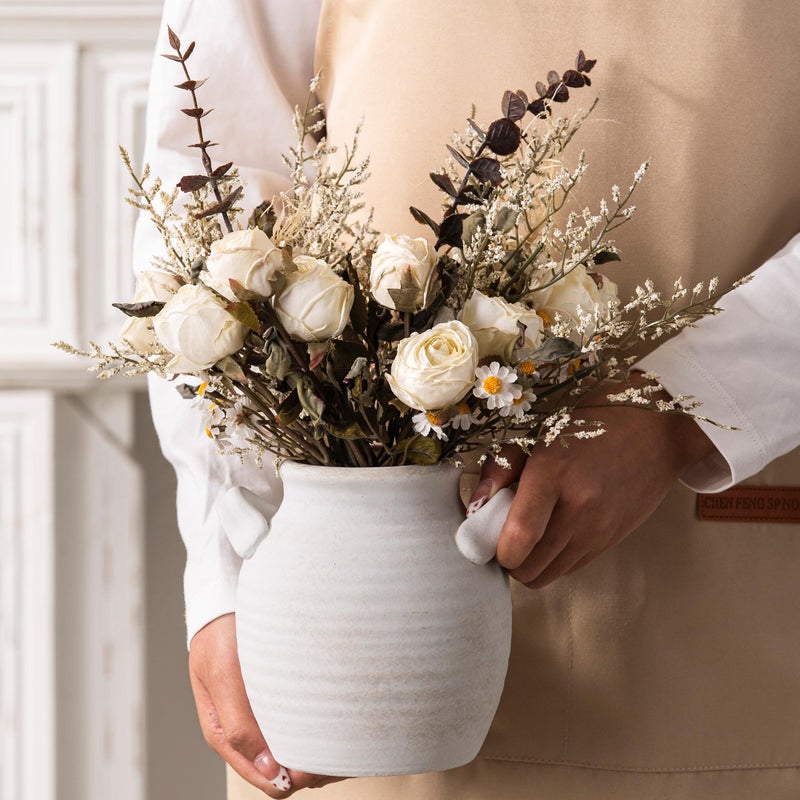 Vanselia Ceramic Flower Vase Home Decor - Farmhouse Table Vases with Handle Living Room Decoration Vintage Decorative Aesthetic for Shelf Coffee Dining Desk House Bookshelf Fireplace (6" Rustic) - Image 3