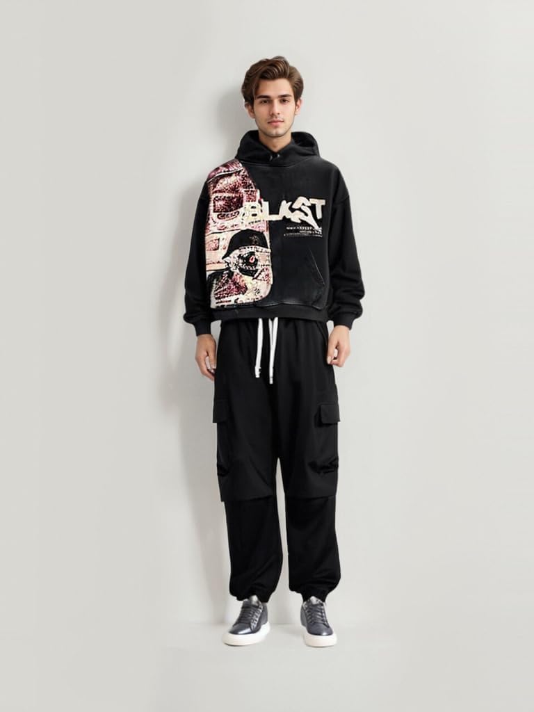 Obenie Retro Y2K Hoodie Gothic Casual Alphabet Blast Print Pattern Skull Fashion Hoodie Men Harajuku Men Clothing (black,M,Medium) - Image 5