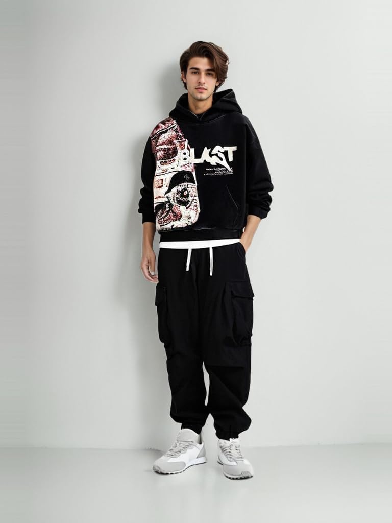 Obenie Retro Y2K Hoodie Gothic Casual Alphabet Blast Print Pattern Skull Fashion Hoodie Men Harajuku Men Clothing (black,M,Medium) - Image 4