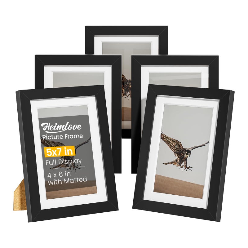 Heimlove 5x7 إطارات الصور مع حصيرة لعرض مجموعة صور 4 × 6 من 5 إطار صور بلاستيكي سوداء للملصق شهادة دبلوم ووثائق مع طاولة وجدار ديكور - Image 1