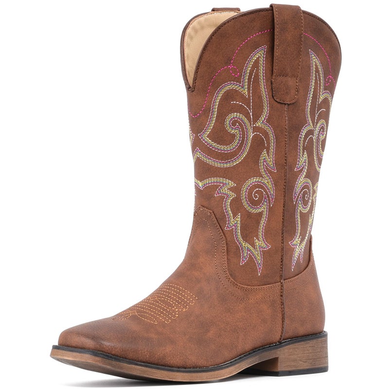 IUV Cowboy Boots For Women Square Toe Wide Western Boots Mid Calf Cowgirl Boots Pull On Fashion Embroidered Cowboy Boots - Image 1